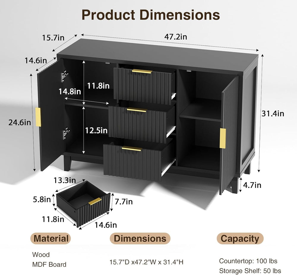 47.2" W Storage Cabinet with 3 Drawers, Fluted Buffet Cabinet with Storage