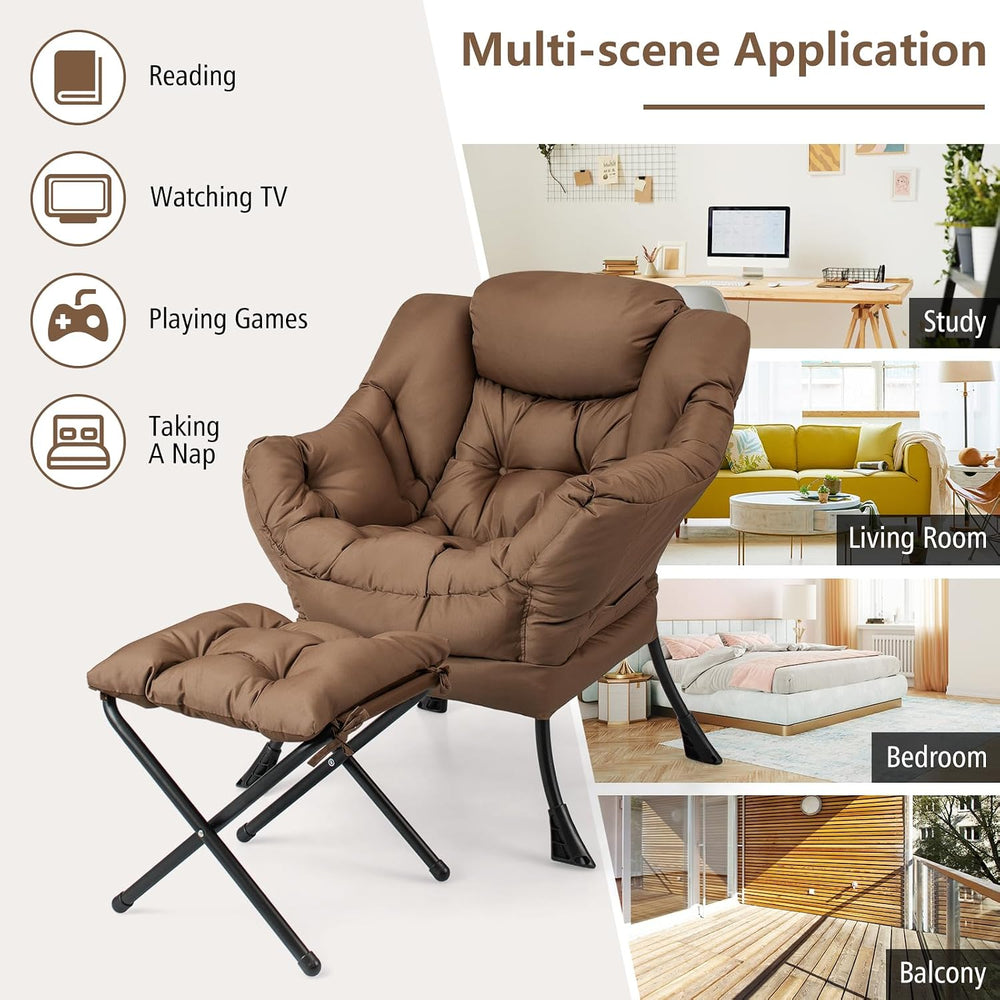 Upholstered Lazy Chair with Ottoman, Armrests & Side Pocket
