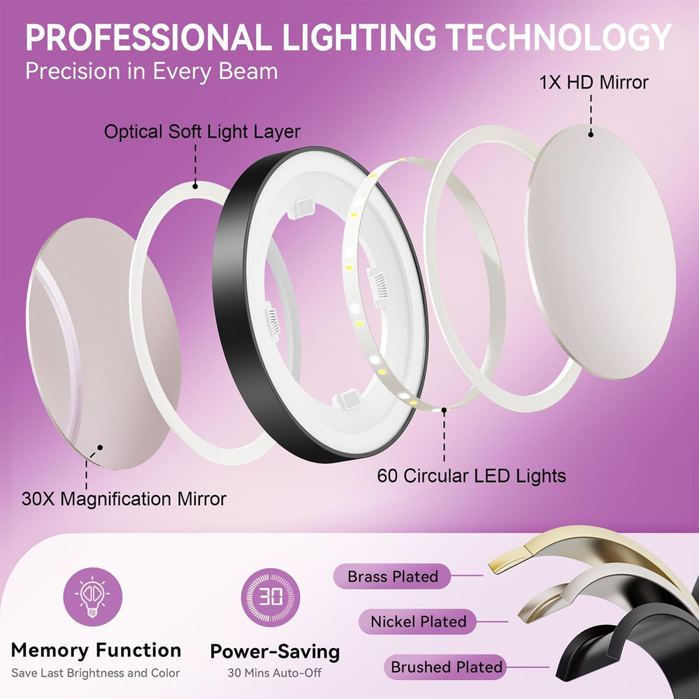 Auxmir 9" 5000mAh Magnifying Mirror, 1X/30X Lighted Makeup Mirror, Black