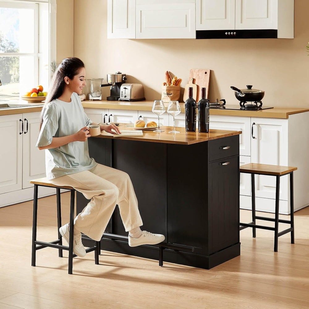ONBRILL 47" Kitchen Island with Trash Can Storage, Include 2 Chairs, Black
