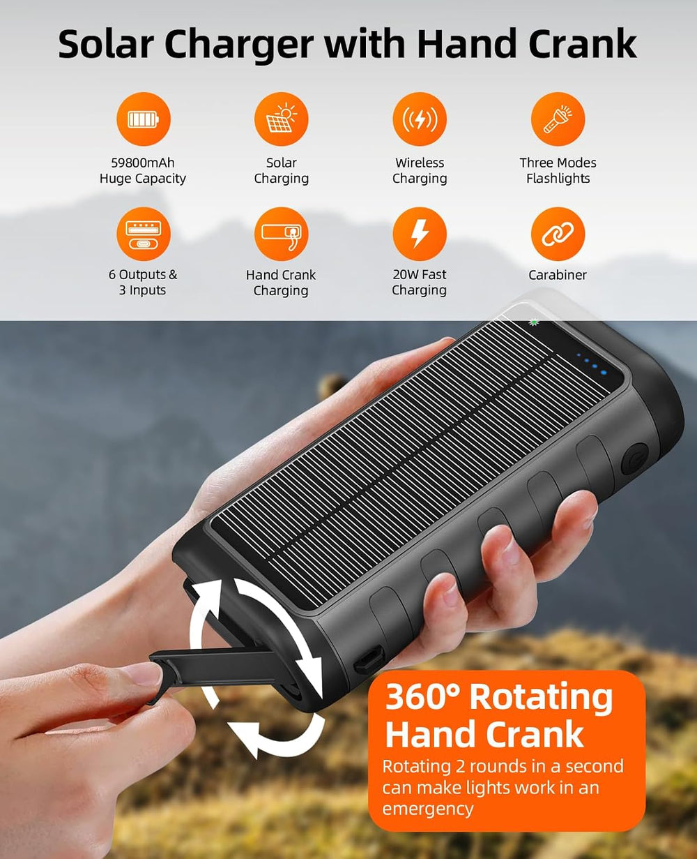 Solar Charger Power Bank 59800mAh, 6 Outputs & Hand Crank, Emergency Use