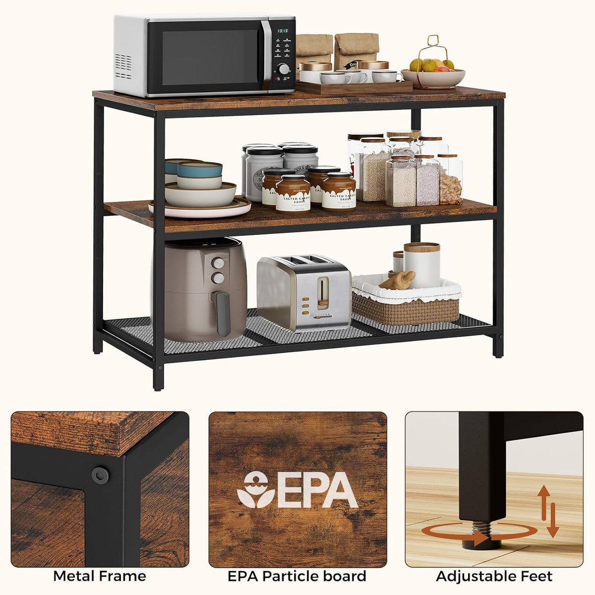 homleke 39.4" l kitchen island with 3 shelves, close-up detail