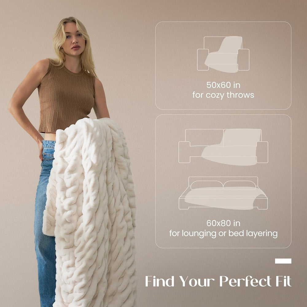 Dream Valley Double-Sided Faux Rabbit Fur Throw Blanket, White, 60"x80&q...