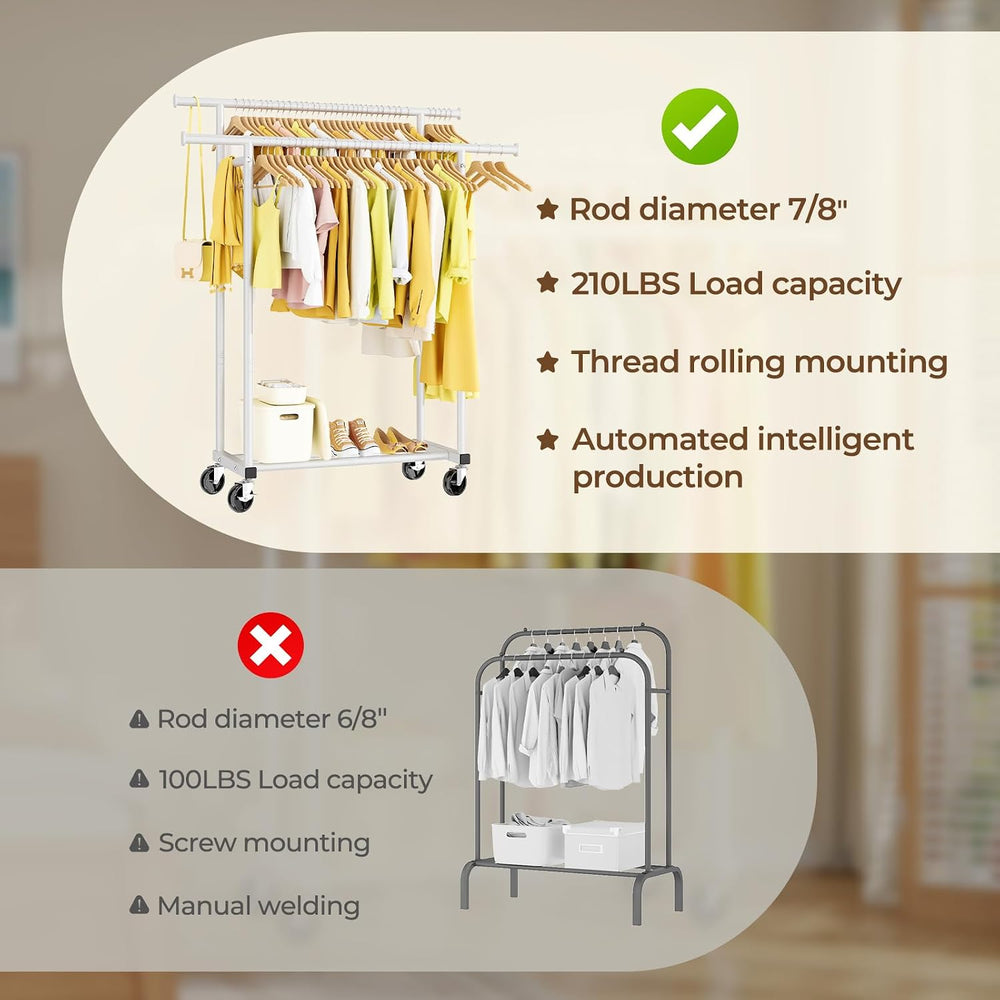 HYSEYY Double Rods Clothes Rack, Rolling Clothing Rack for Hanging Clothes Po...