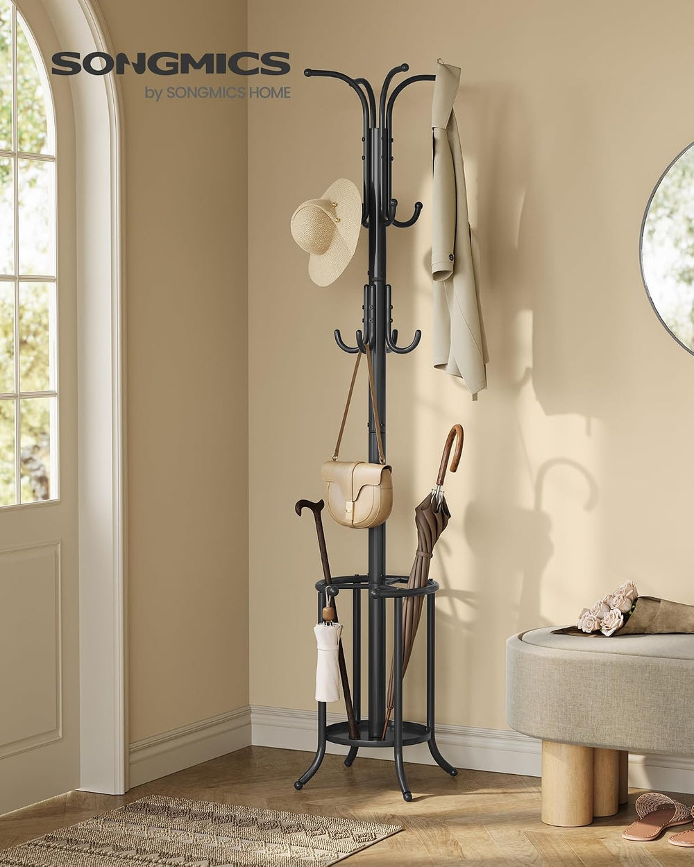SONGMICS Metal Coat Rack Freestanding, with Umbrella Holder, 12 Hooks