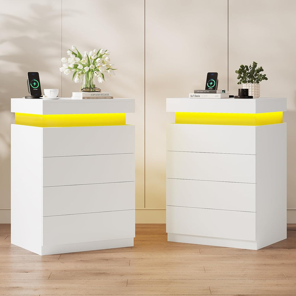 ADORNEVE White Nightstand with Drawers and LED Lights