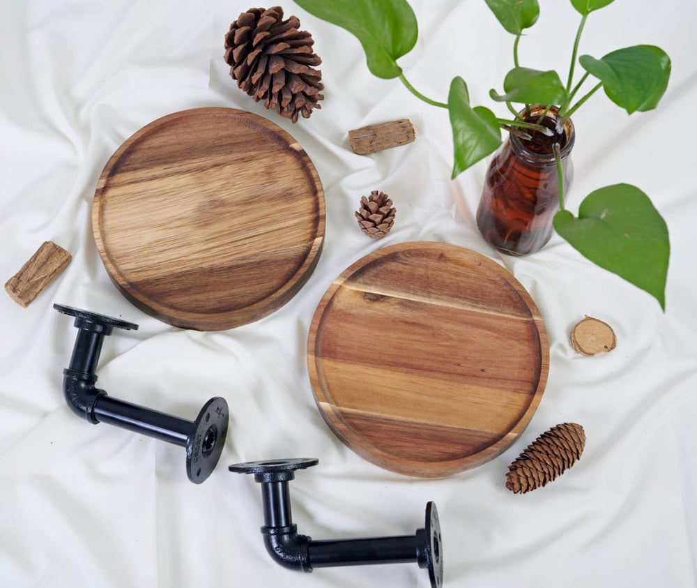 Round Wooden Floating Shelves Wall Mounted (Set of 2). Made of Acacia Wood. I...