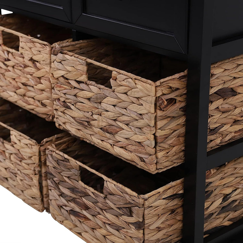 PHI VILLA Black Accent Cabinet with Rattan Basket, Storage Buffet Cabinet