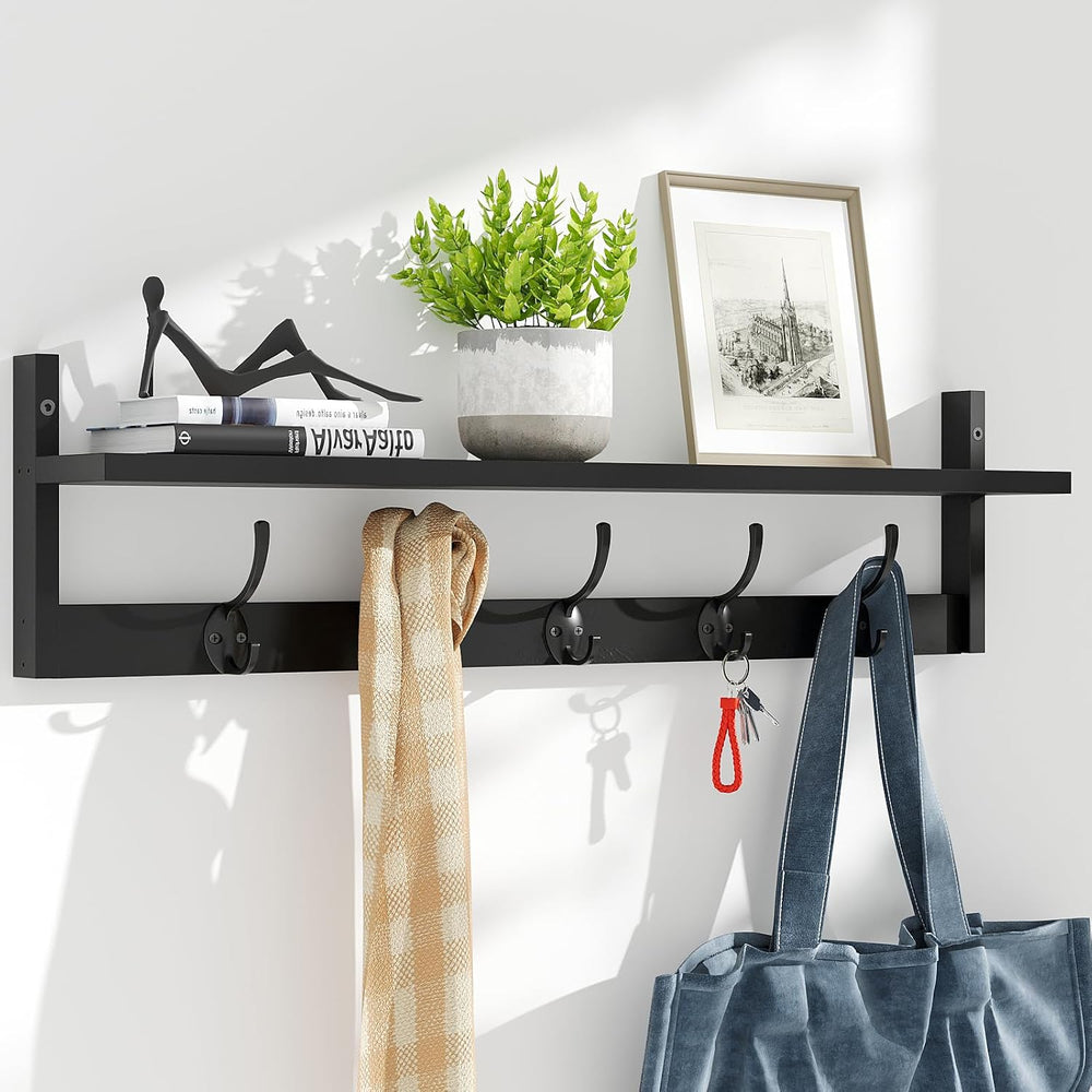 BAMEOS Wall-Mounted Shelf with Hooks - 28.9 Inch Entryway Hanging Shelf with ...