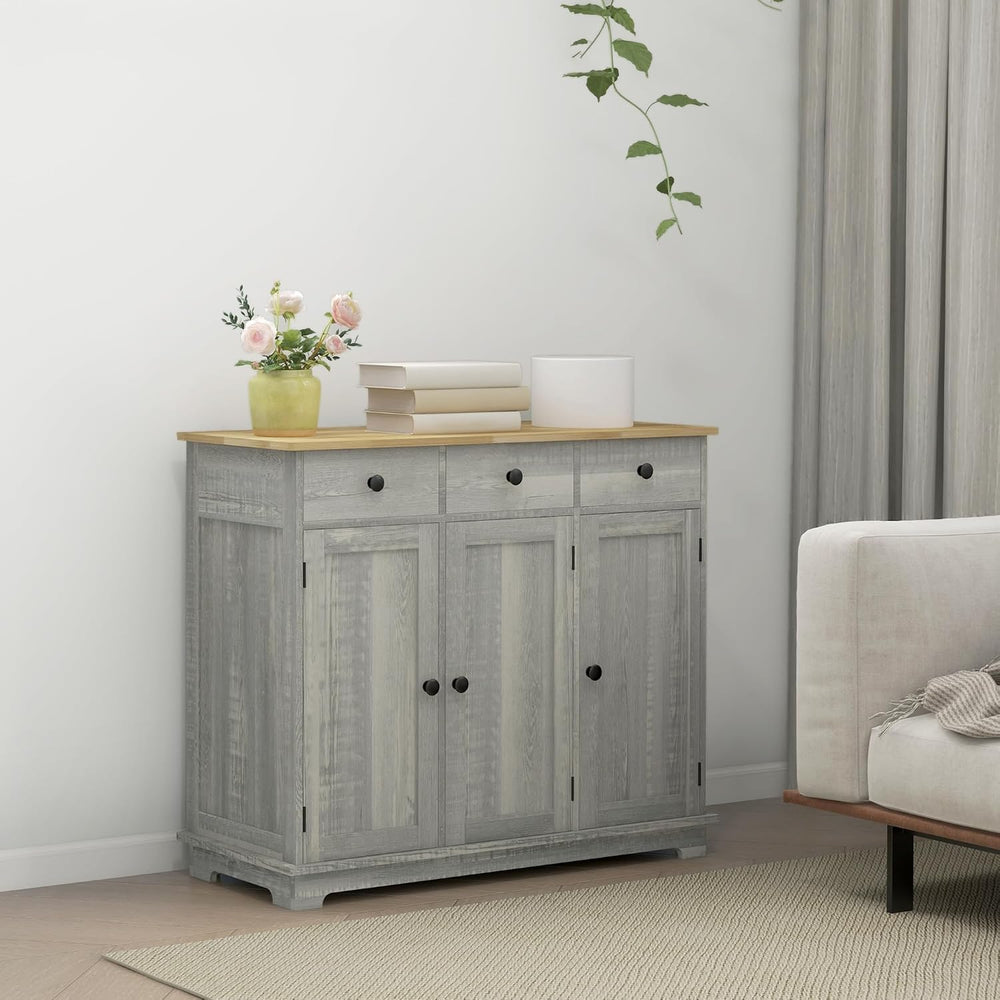 HOMCOM Sideboard Buffet Cabinet Solid Wood Countertop Distressed Light Gray
