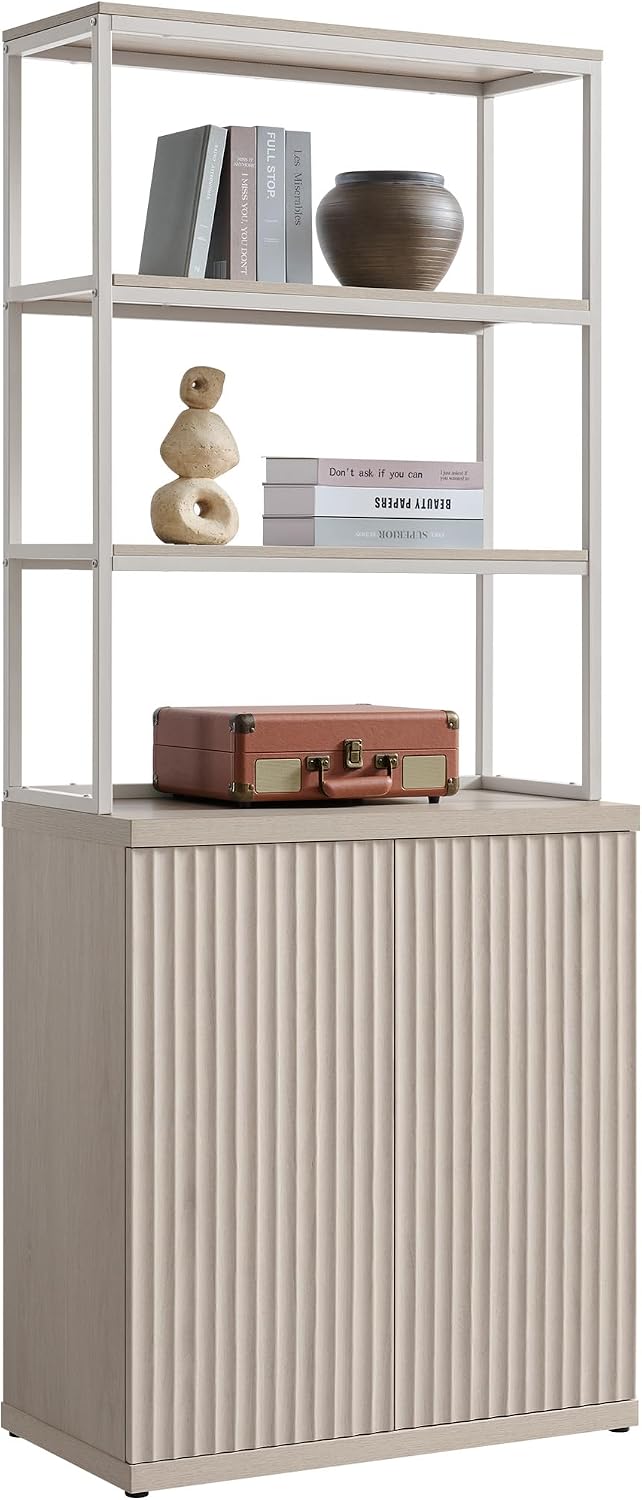 SICOTAS Fluted Book Shelf with Doors 75" Tall Bookshelf with Storage