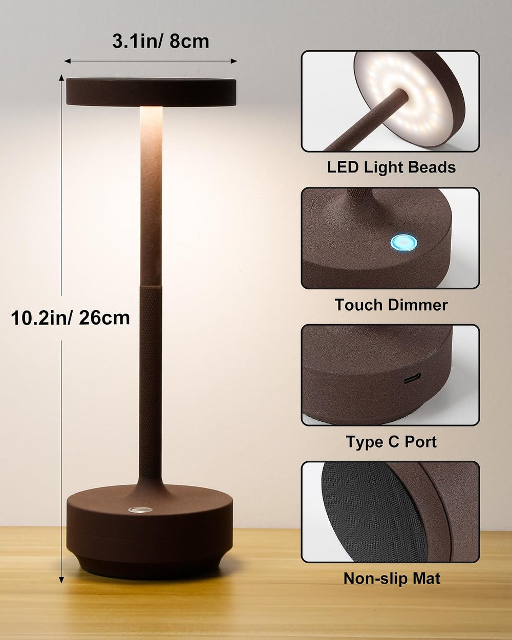 LED Cordless Lamp 5000mAh Table Lights Rechargeable 2-Pack Rust