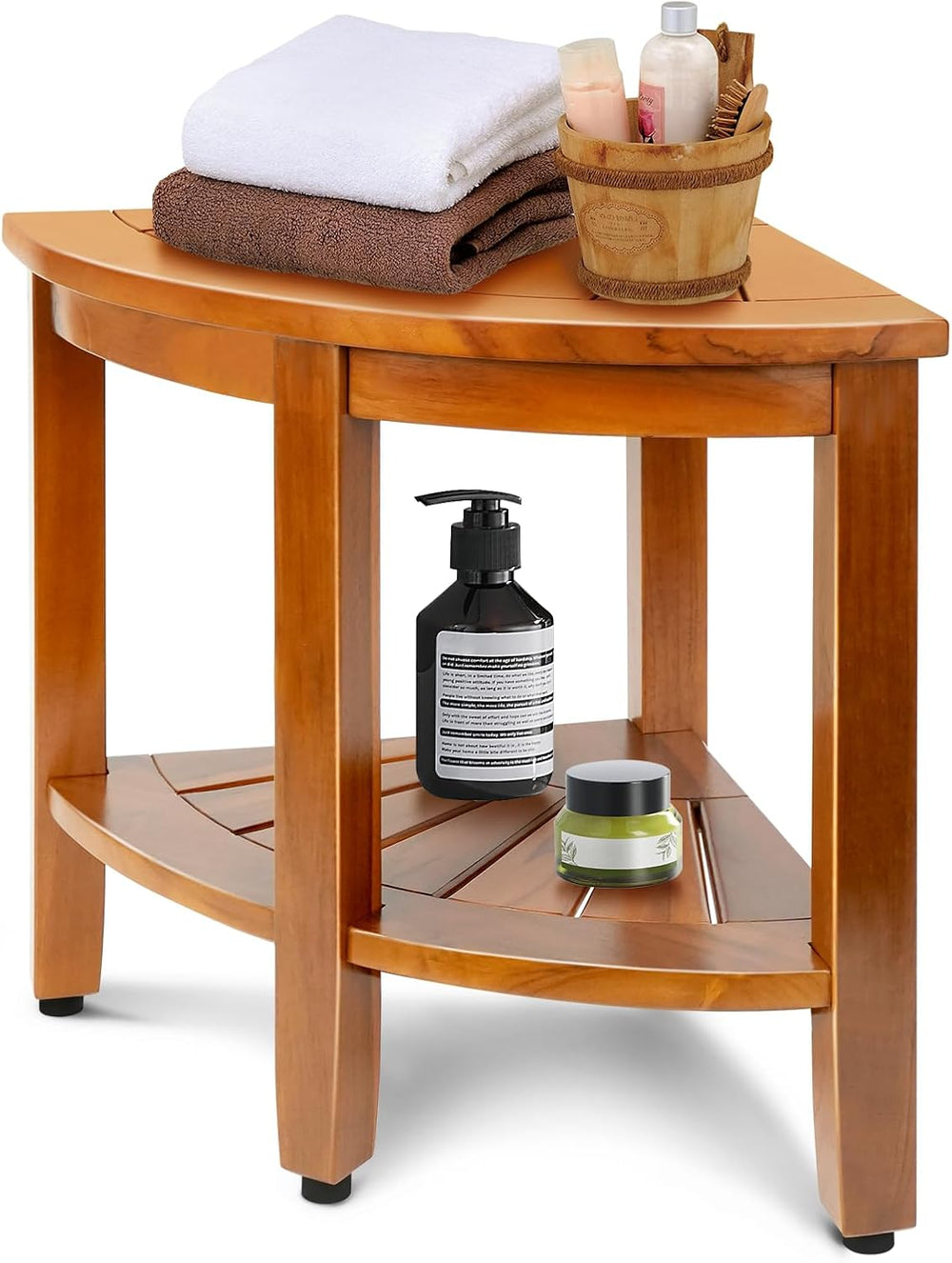 18" Premium Teak Corner Shower Bench with Shelf, Solid Teak Shower Stool...