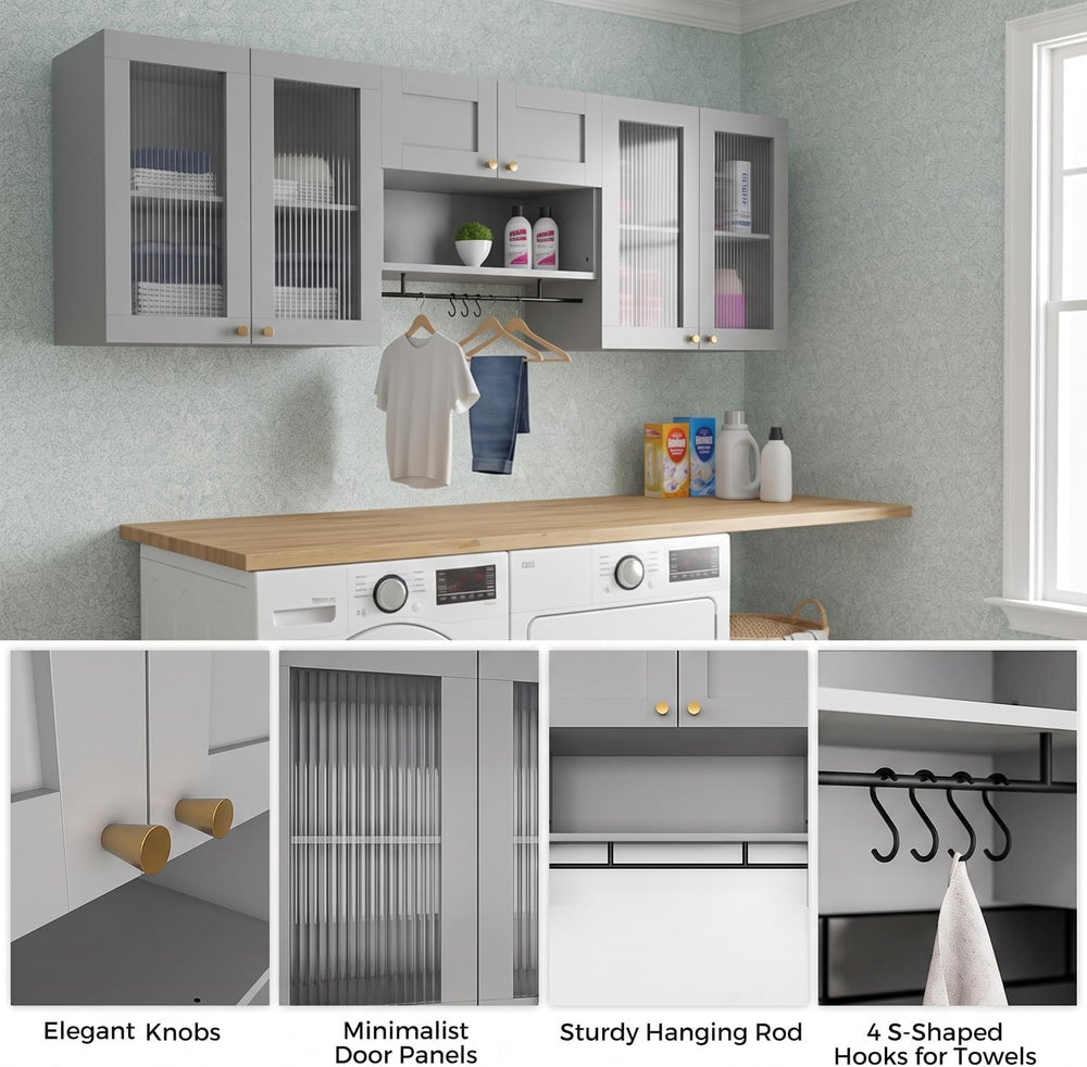 Kikihouse Wall Mounted Storage Cabinet Set with Glass Doors (Grey)