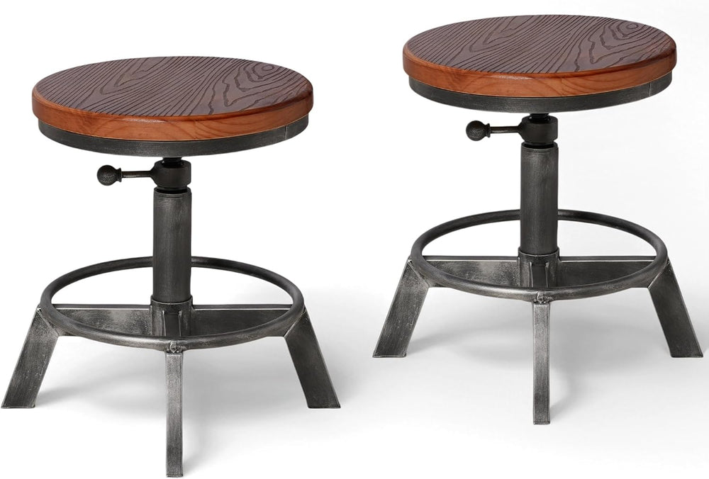 Set of 2-Industrial Bar Stool-Counter Height Chairs- Swivel Wooden Seat- Adju...