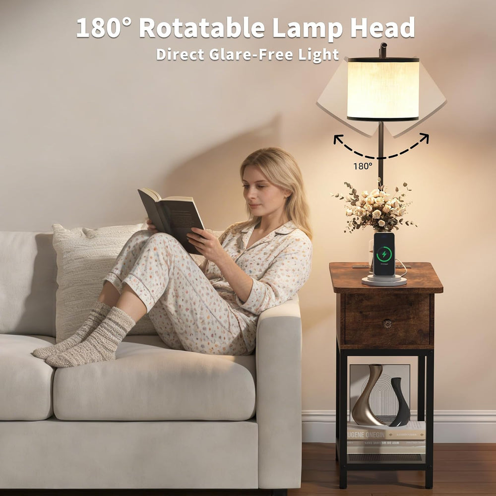 runjuly Floor Lamp with Table, Narrow Side Table with Charging Station
