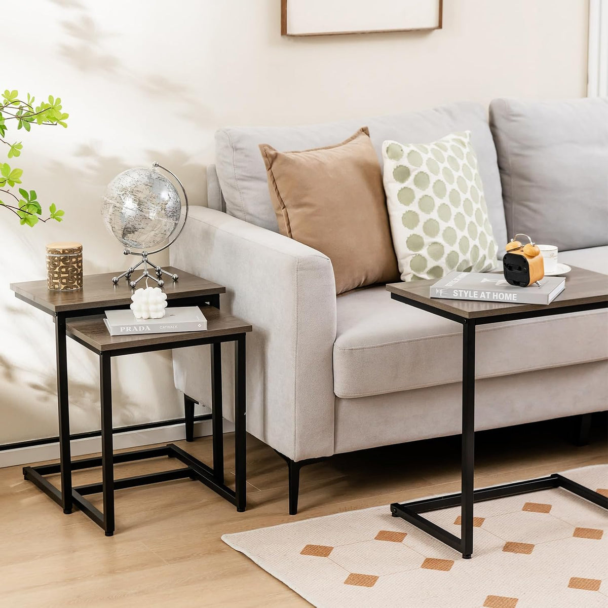 Tangkula Nesting Table Set of 3, Rectangle Stacking Side End Table w/Wood Top & Metal Legs, Adjustable Foot Pads, C-Shaped Accent Coffee Tables for Small Spaces, Living Room (C-Shaped, Gray, 3-pc)