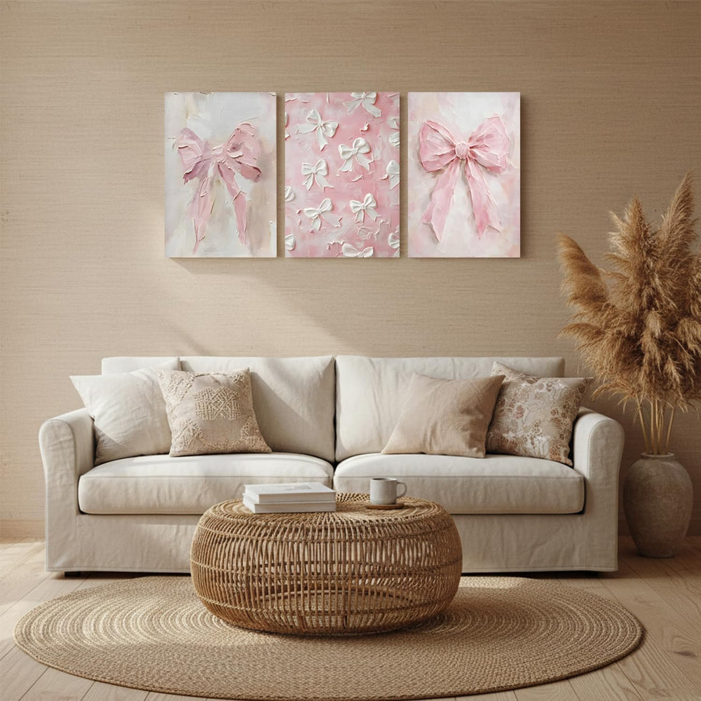 Pink Bow Canvas Wall Art Set of 3 Trendy Preppy Oil Painting Posters Wall Dec...