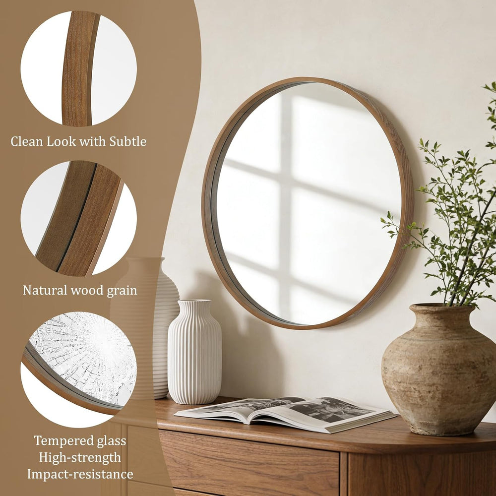 WallBeyond Wood Round Mirror with Wood Frame 24 inch Circle Wall Mirror for B...