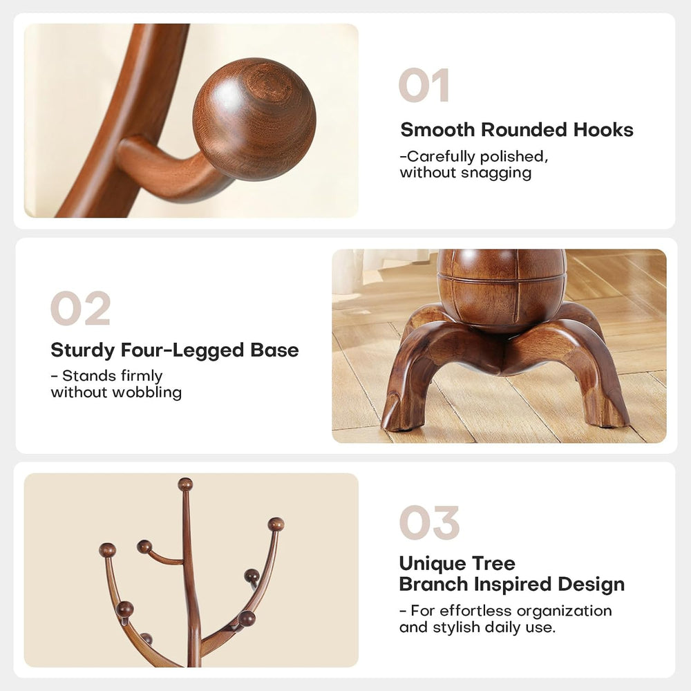 Wooden Coat Rack Freestanding Coat Tree with 8 Hooks, Walnut