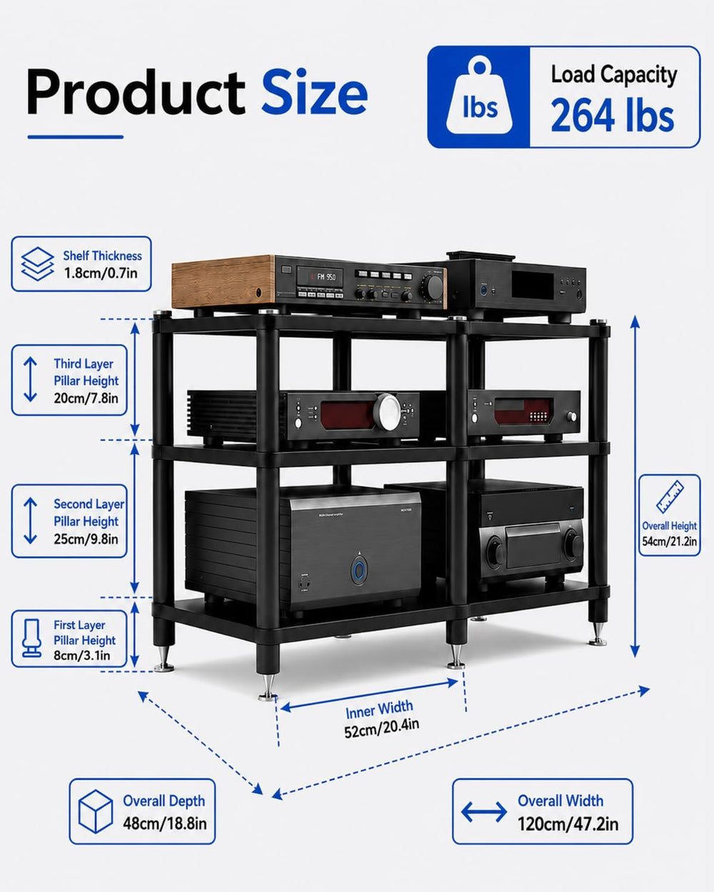 3 Tier Heavy Duty AV Media Stand, Stereo Stands and Racks, Teak