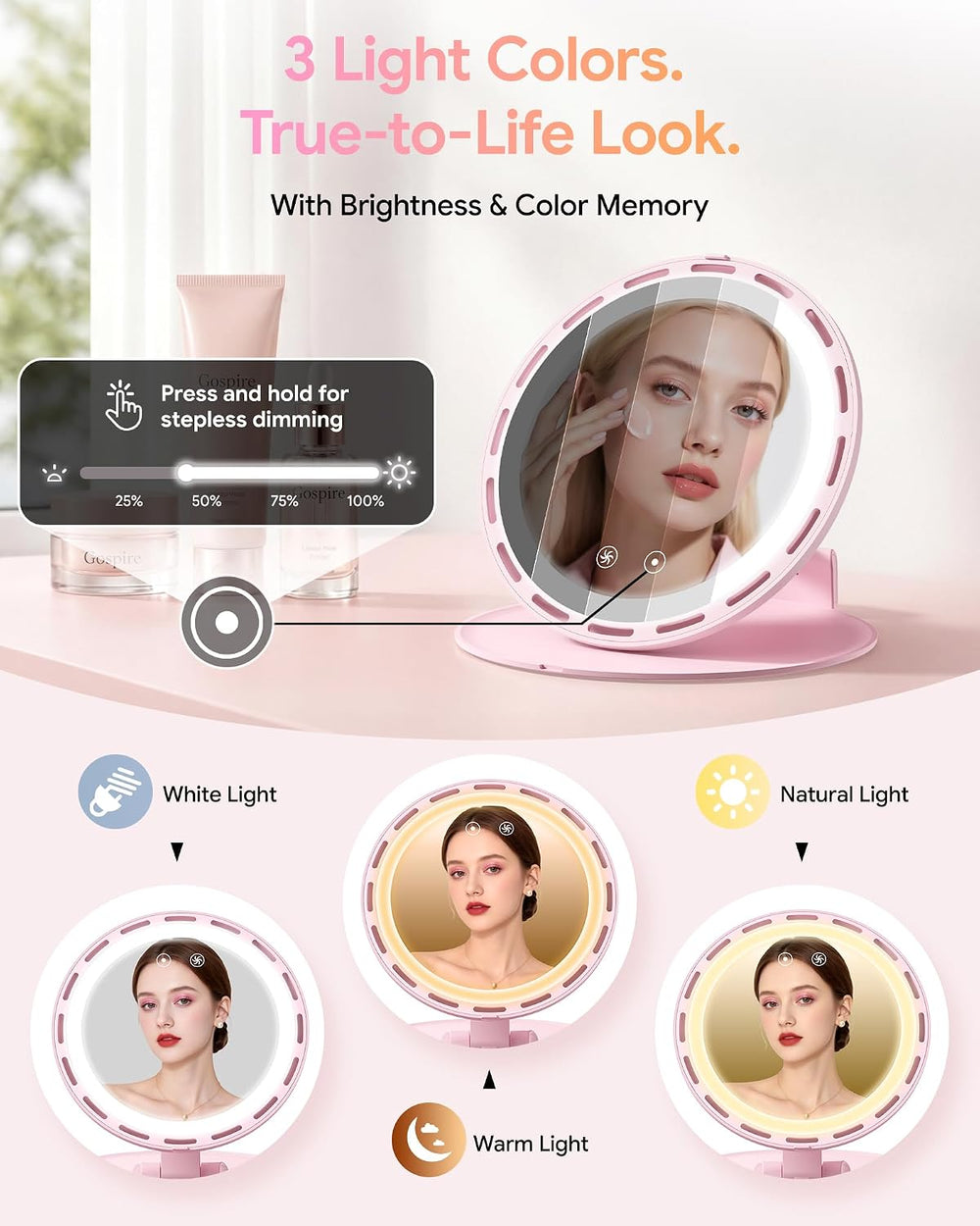 Gospire Foldable Lighted Makeup Mirror with Fan, 3-Speed & 3 Lights, Pink