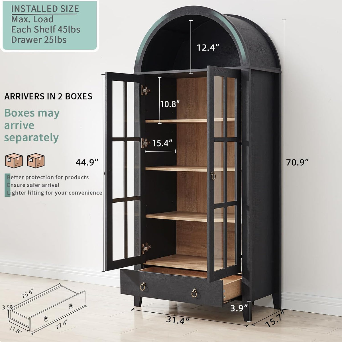 RowyPoey 71" Tall Arched Cabinet Bookshelf with Glass Door & Storage Drawer