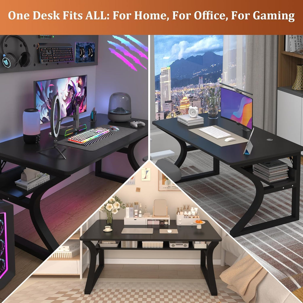 47 inch Computer Desk, Home Office Desk with Storage Shelf, Sturdy U-Shaped Metal Frame Study Table with Cable Management, Gaming Desk for Office & Bedroom (Black, 47inch)