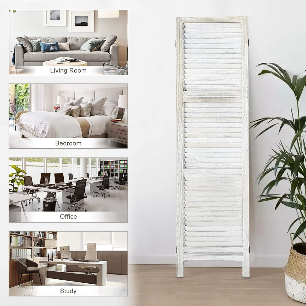 Room Divider with Shelves,4 Panel Distressed White