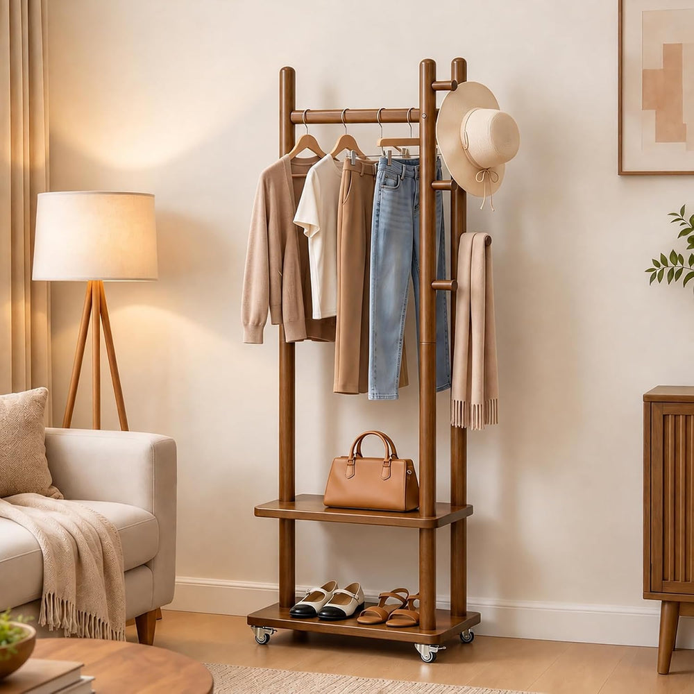 Taitiy Coat Rack Solid Wood Stand Storage 2 Shelves 5 Hooks Entryway