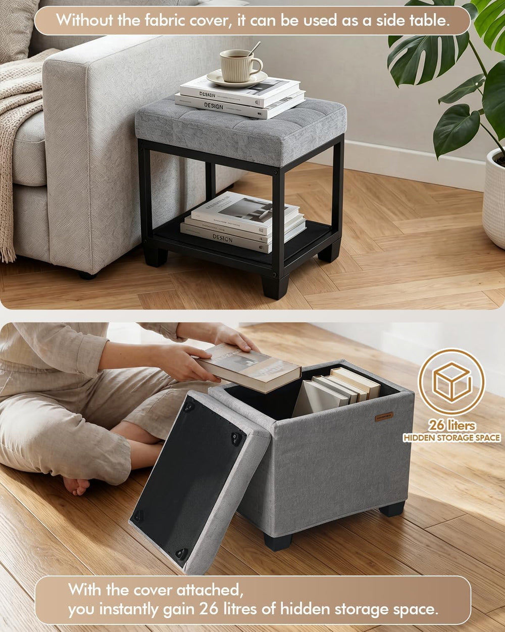 ABHENG Steel Frame Small Ottoman with Storage Footrest Light Gray UASND70G