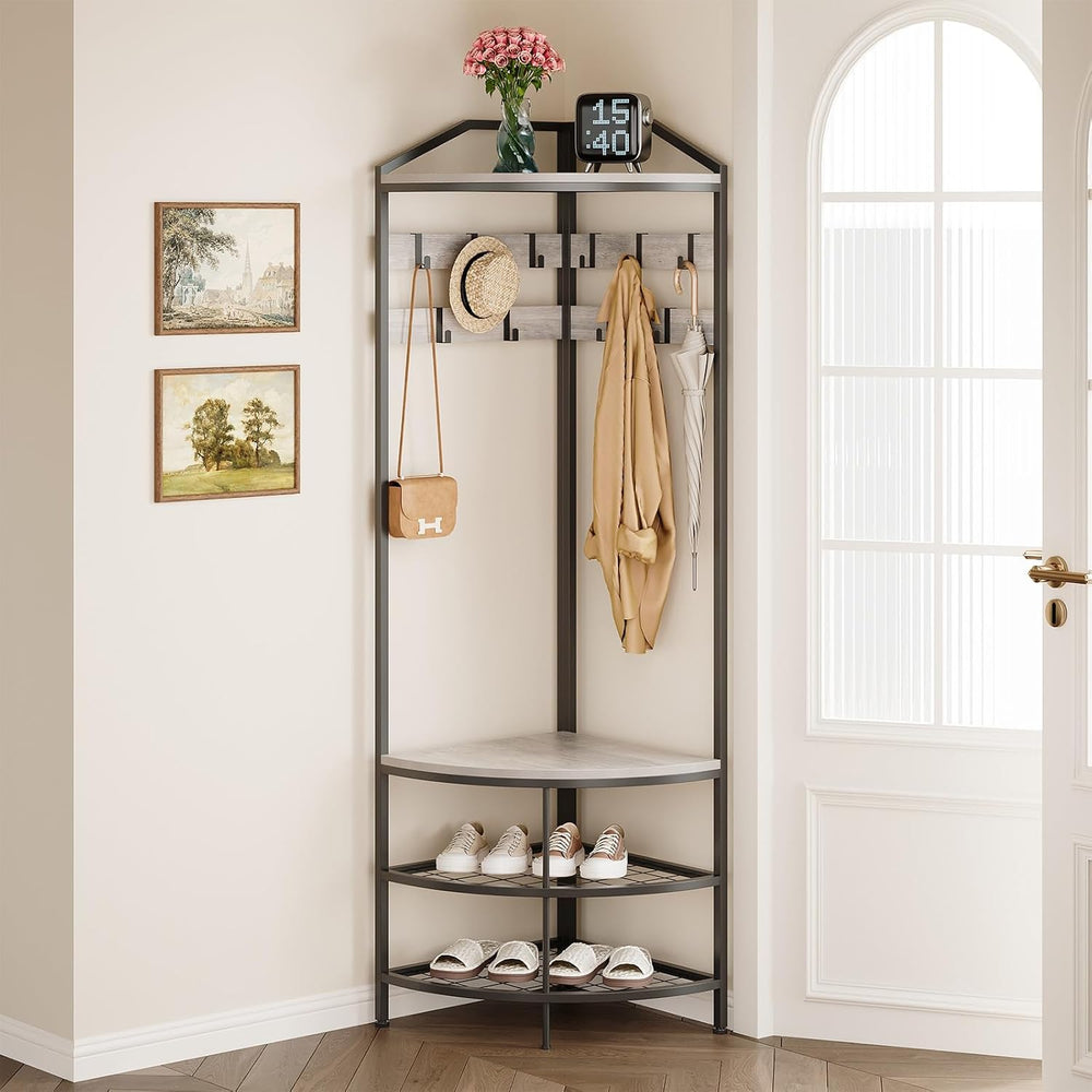 GiftGo Grey Corner Hall Tree with Shoe Bench Entryway Coat Rack with 10 Metal...