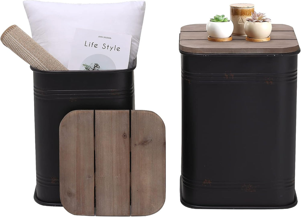 RUSTOWN Farmhouse Accent Side Table, Set of 2 Galvanized Storage Ottoman