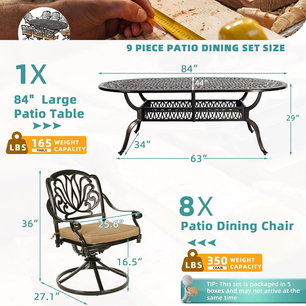 MEETWARM 9-Piece Outdoor Patio Dining Set, All-Weather Cast Aluminum Patio Co...