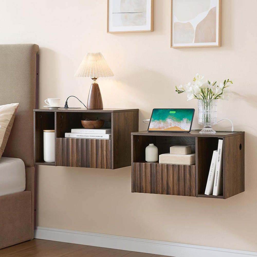 BuildHom Floating Nightstand Set of 2 with Charging Station, Walnut
