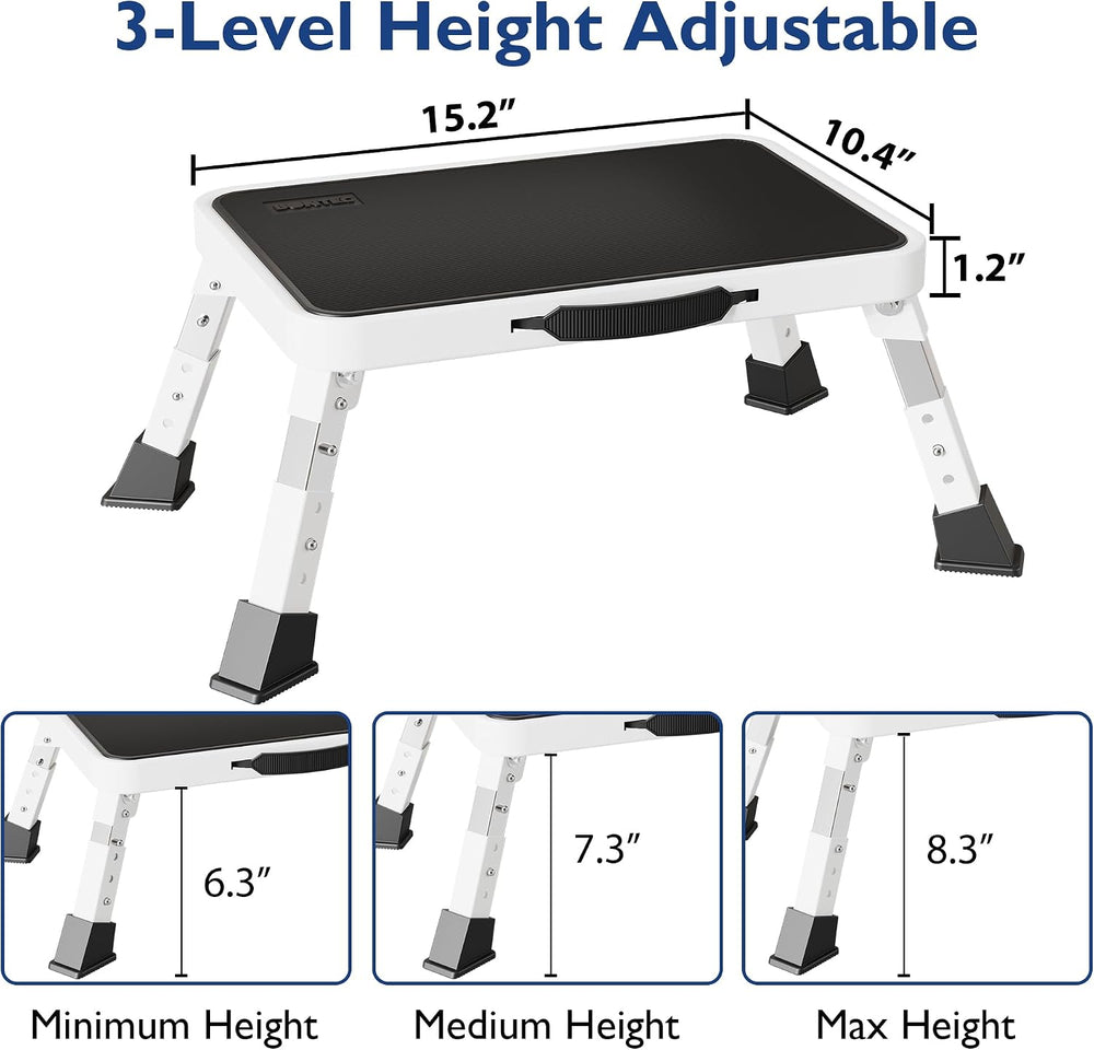 BONTEC Folding Step Stool, 3-Level Adjustable Metal Step Stool, 330lbs