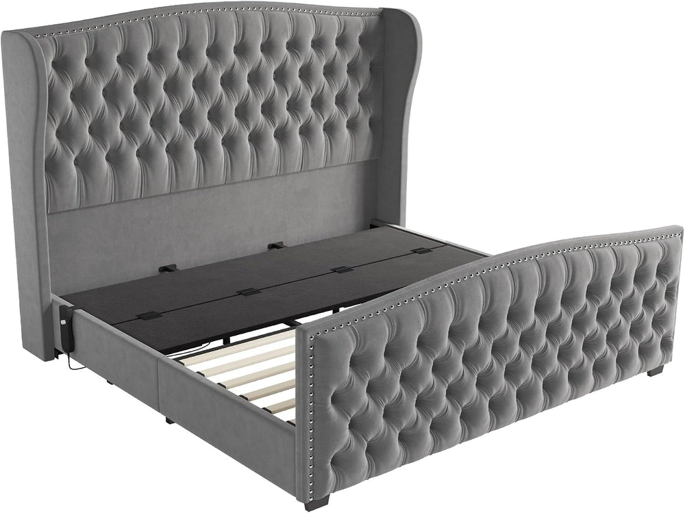 AMERLIFE King Adjustable Bed Frame with 51" Velvet Upholstered Headboard