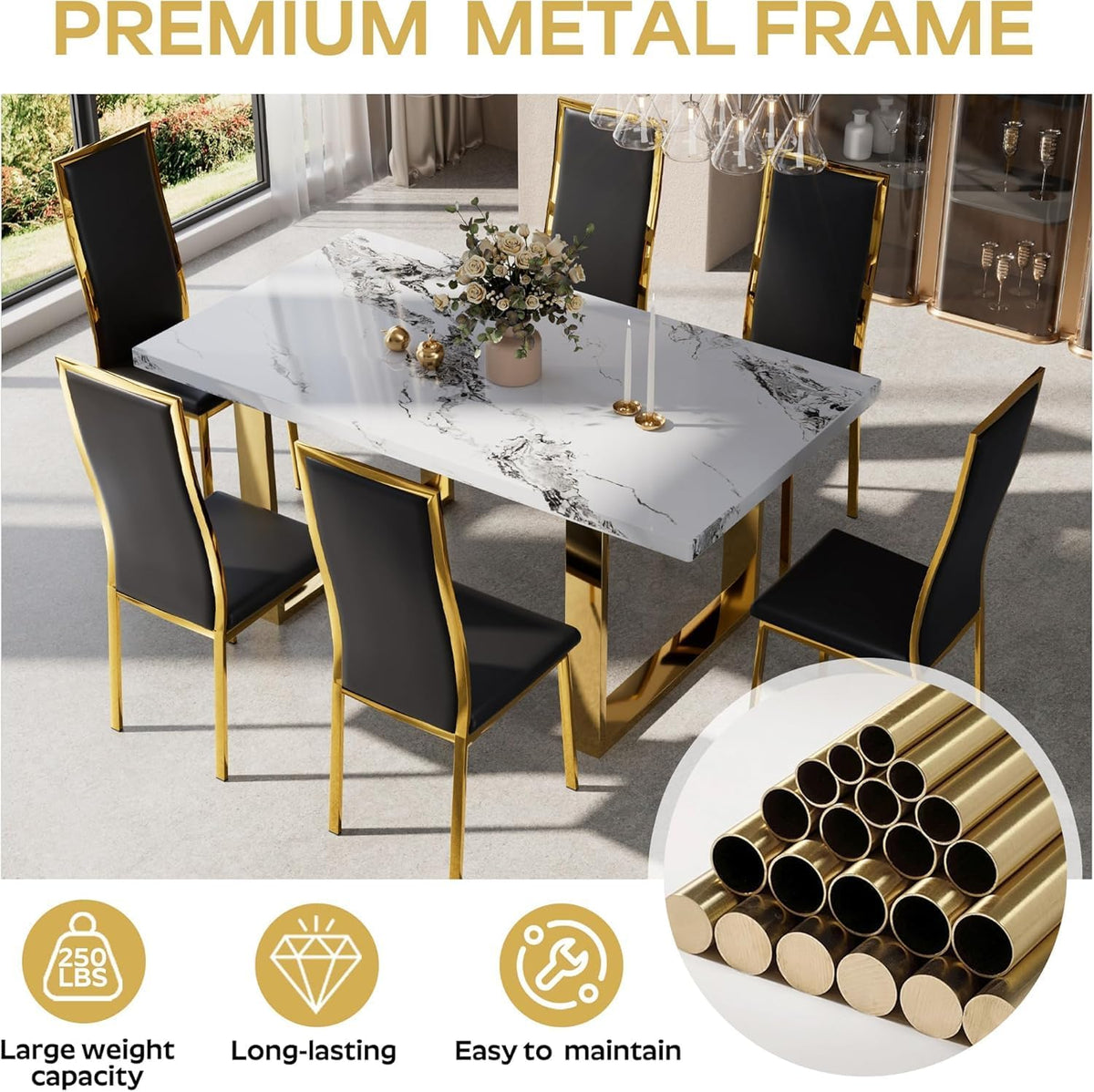 Modern Dining Chairs Set of 2, Black Faux Leather with Chrome Gold Metal Legs, Curved High Back Design & Cloud Cushioning, Mid-Century Kitchen Chairs with Non-Slip Feet (Easy Assembly)
