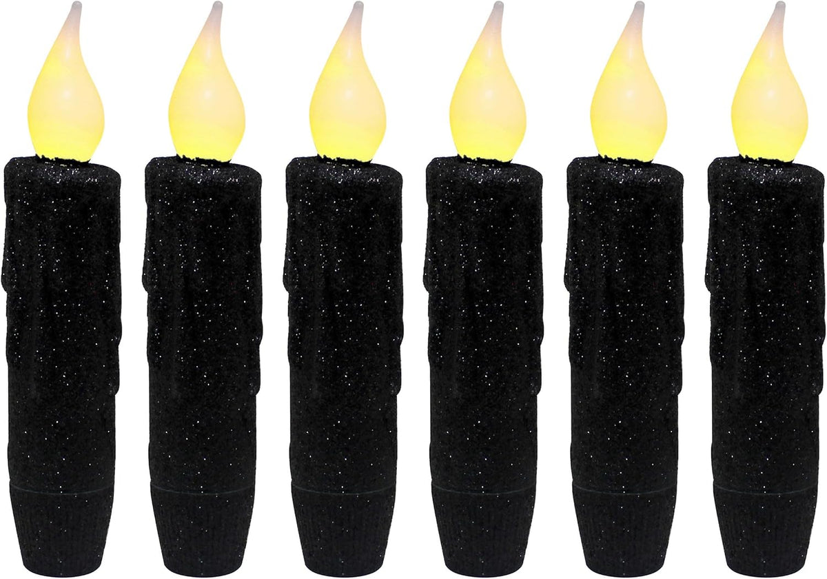 CVHOMEDECO. Glitter Flameless Candles Flickering Battery Operated LED Taper Candles with Timer for Home, Wedding, Halloween, Christmas Decor. Black, 4-3/4 Inch, Set of 6