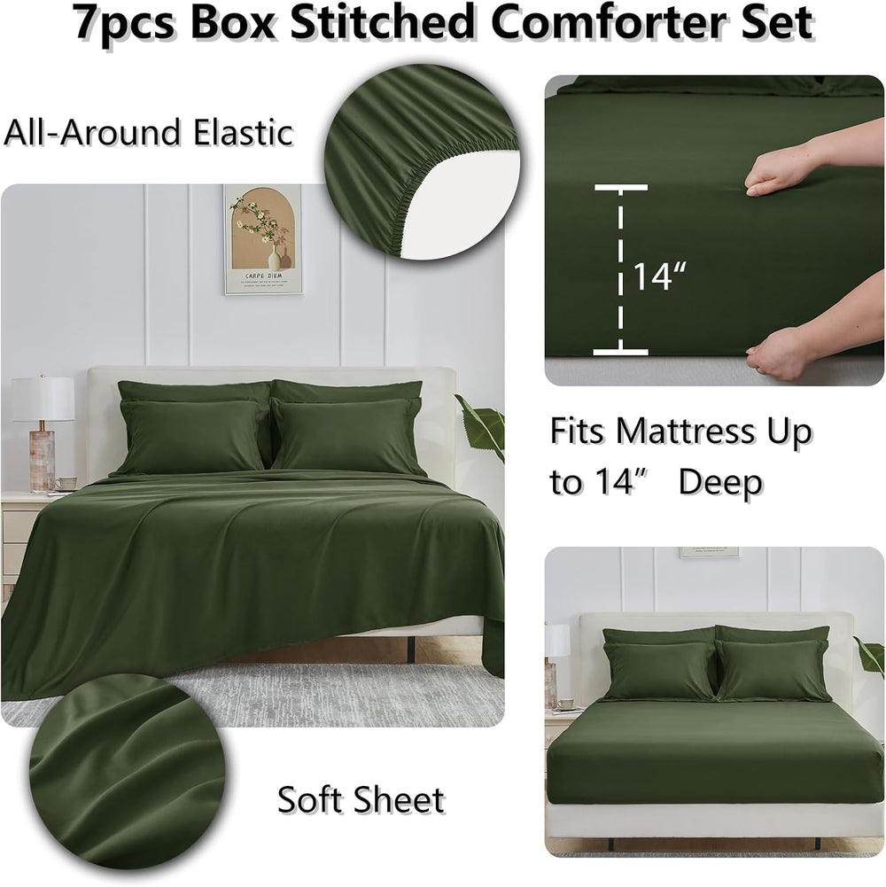 CozyLux King Size Comforter Set, 7-Piece Bed in a Bag, Olive Green