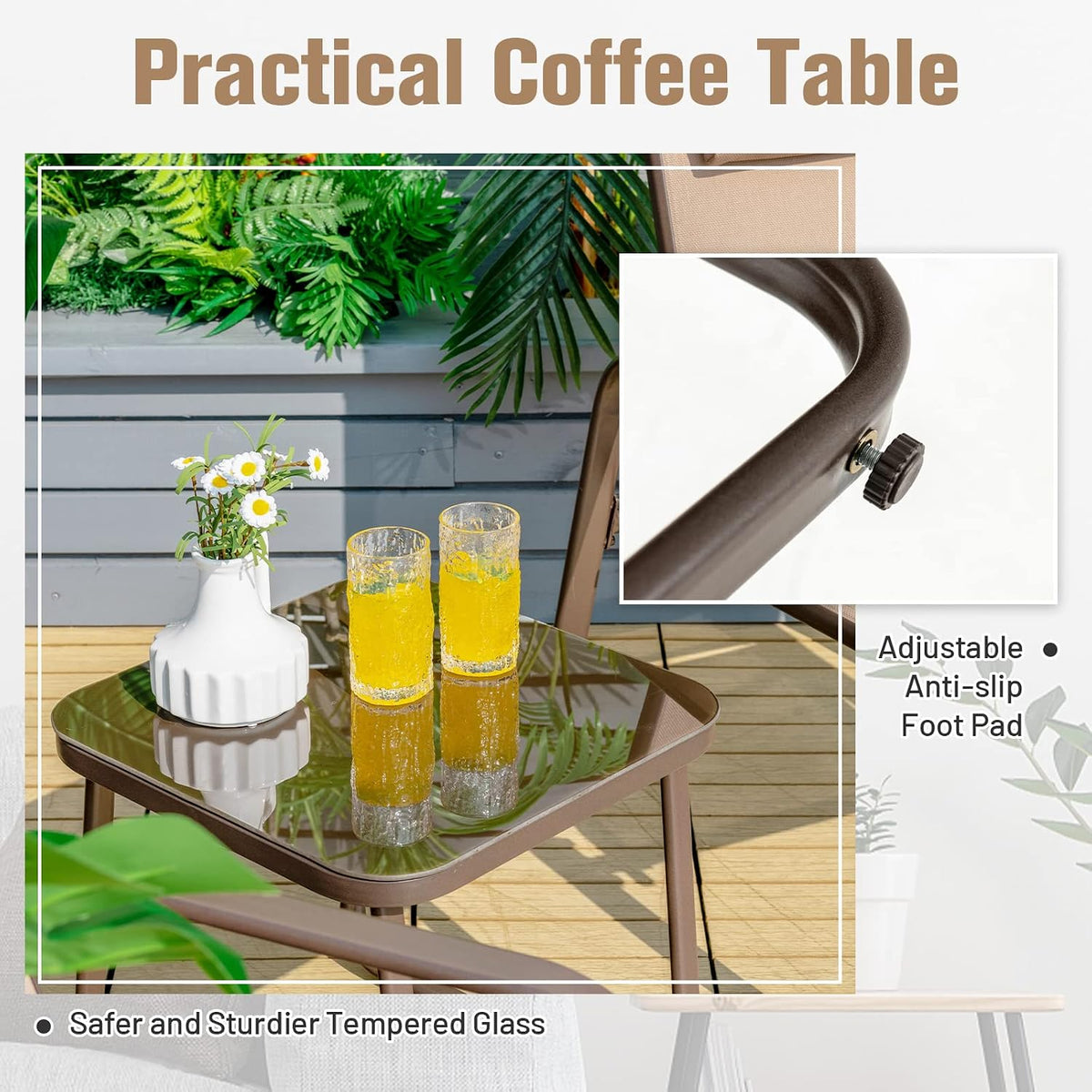 Tangkula Outdoor Bistro Set, 3 Pieces Patio Recliner Stackable Chairs with Adjustable & Folding Backrest, Removable Headrest and Tempered Glass Coffee Table Set, Patio Conversation Set (Brown)