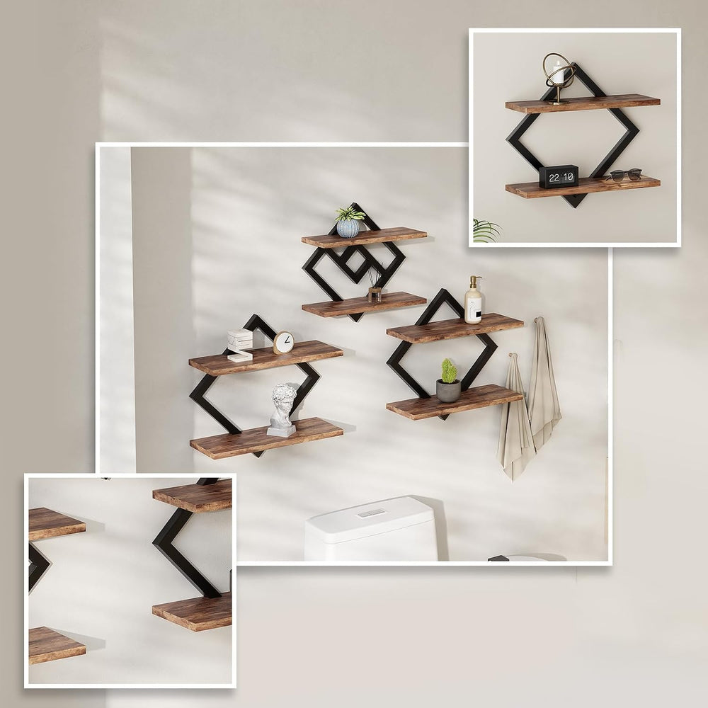 2-Tier Floating Shelves on Wall, 3-Piece Set, Wooden Wall Shelf, Brown