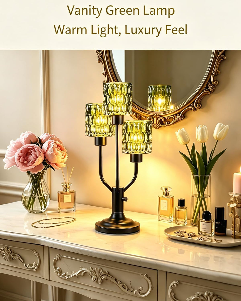 Mid Century Modern Green Glass Table Lamp Dimmable 3 Bulbs Included