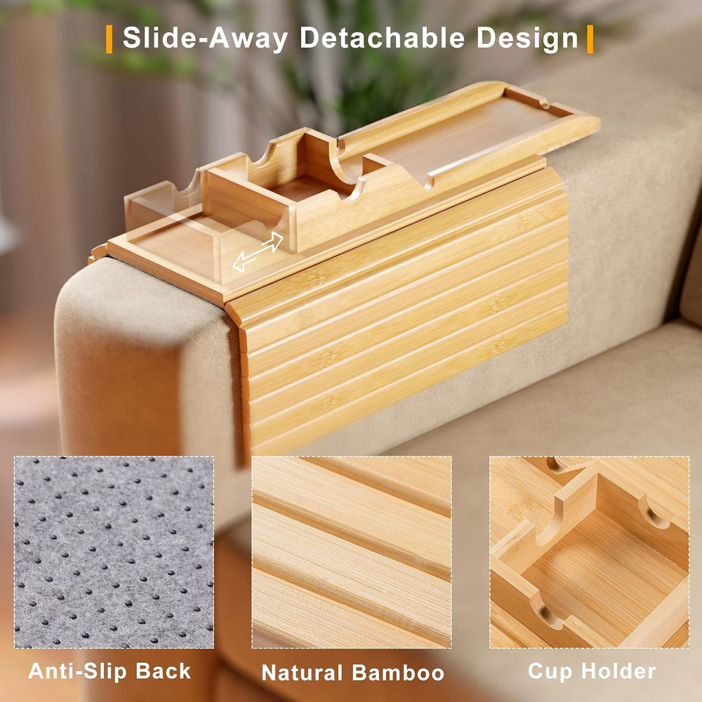 Bestjing 2 Pack Sofa Armrest Tray with Detachable Cup Holder Tray (Bamboo)