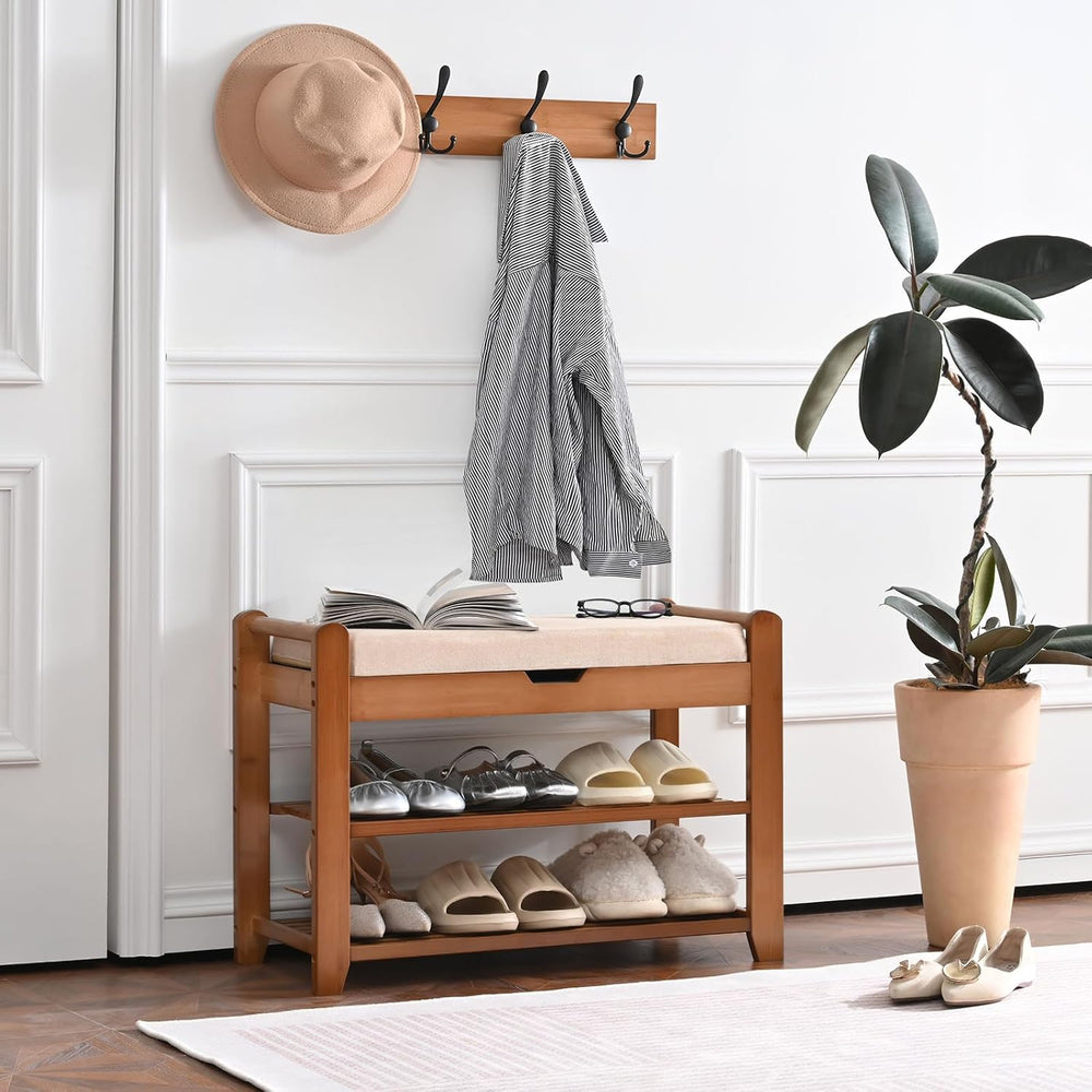 27.6in Shoe Rack with Storage Bamboo Entryway Bench with Drawer & Hooks