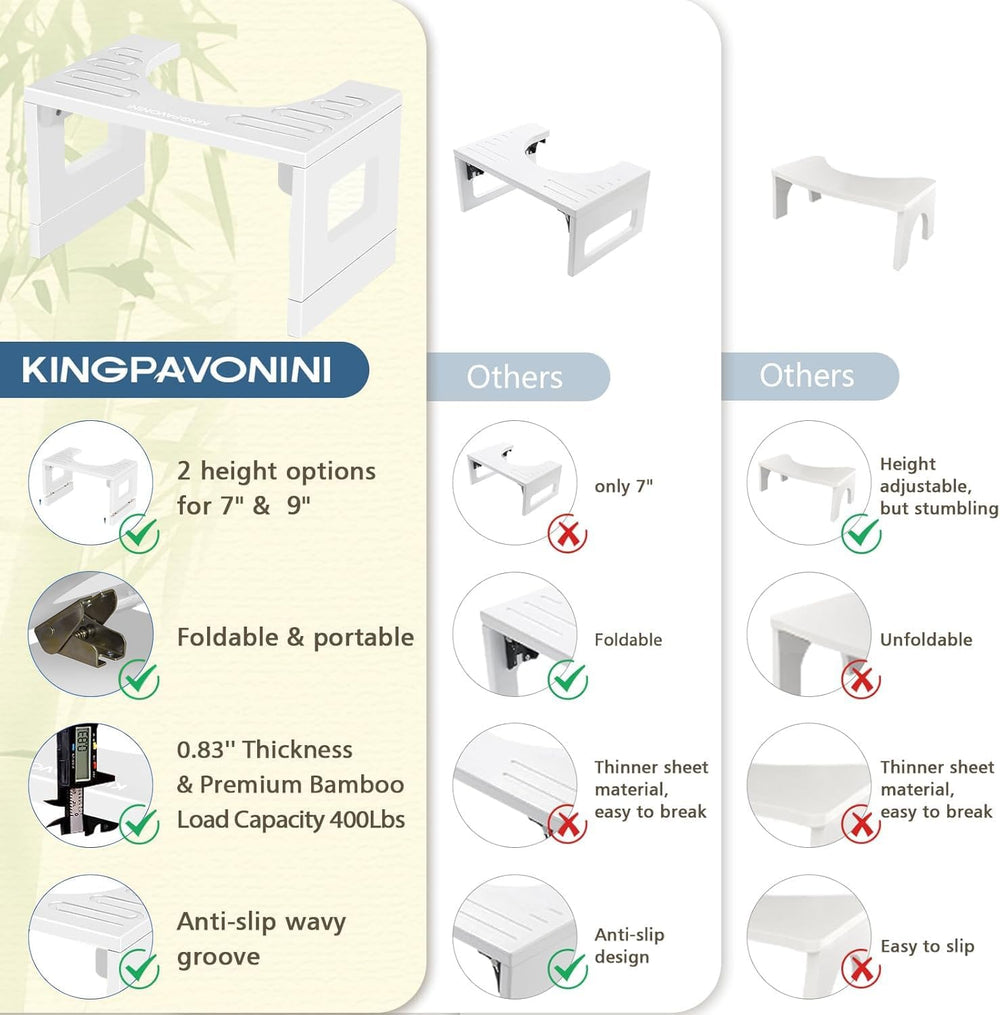 KingPavonini Bamboo Toilet Stool Squat 7in & 9in Adjustable Height, White