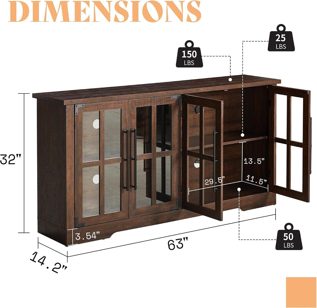 AMERLIFE Farmhouse 63" Buffet Sideboard Cabinet with Glass Door, Brown