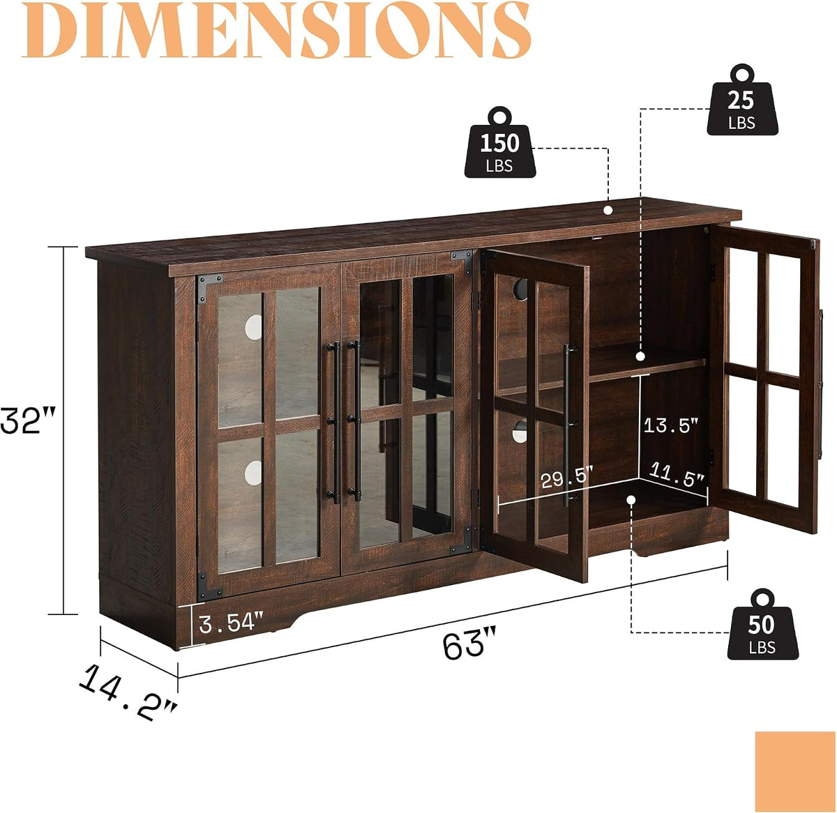 AMERLIFE Farmhouse 63" Buffet Sideboard Cabinet with Glass Door, Brown