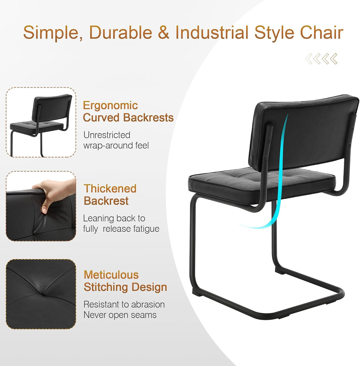 Zesthouse Industrial Metal Dining Chairs Set of 4, Upholstered Faux Leather Kitchen Chairs with Black Metal Base, for Kitchen & Dining Room Living Room, Mid Century Breuer Design Inspired, Black