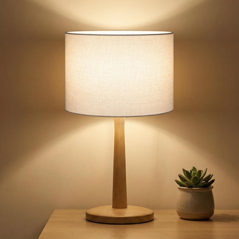16.3” Natural Wood Table Lamp with Linen Drum Shade, E26 Base, Cream